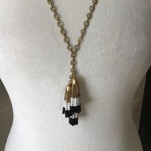 J.Crew Tassel Necklace Gold Tone Chain Black White Seed Bead Fringe Boho Chic